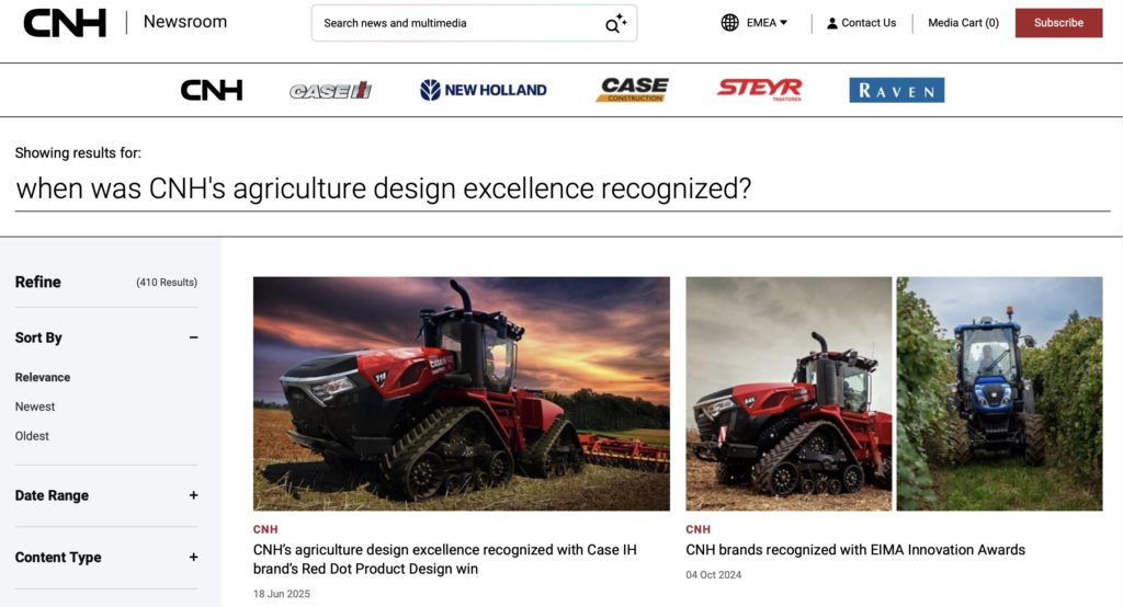 A screenshot of the homepage of CNH Industrial's online newsroom