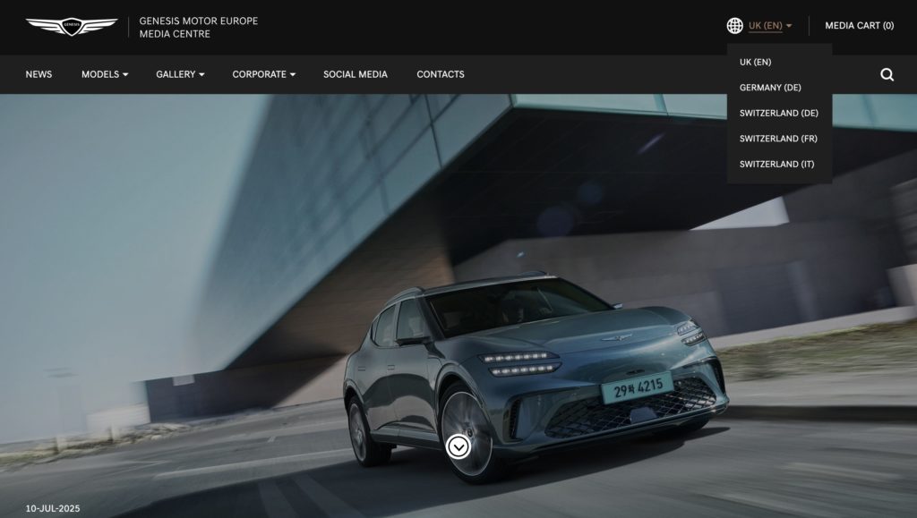 An image showing the homepage of Genesis motor's online newsroom to highlight it's multi-language feature
