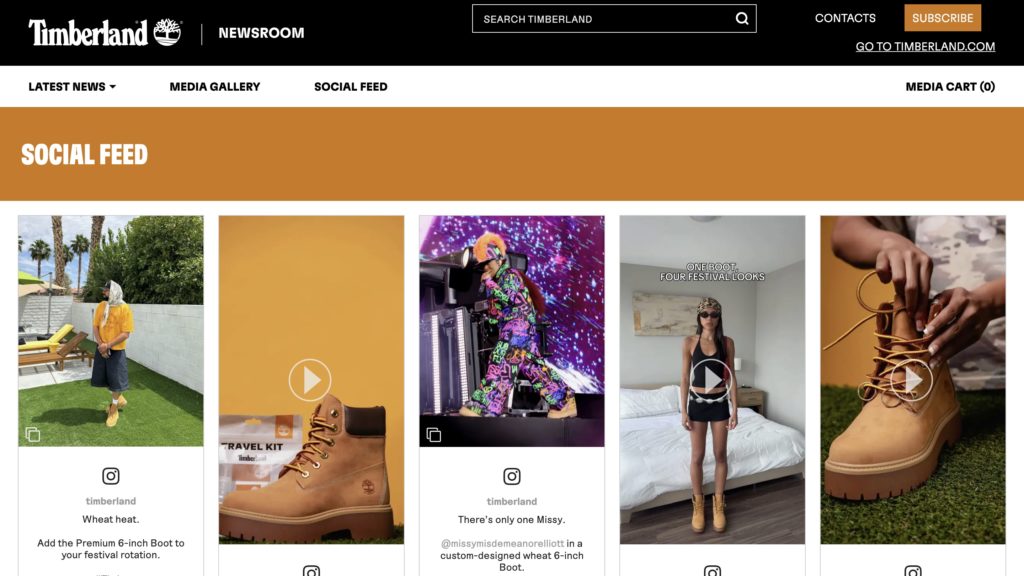 An image showing the screenshot of the social feed in Timberland's online newsroom, it features a collection of social media posts including two user generated content