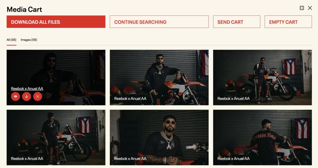 A screenshot showing the media cart feature in Reebok's online newsroom